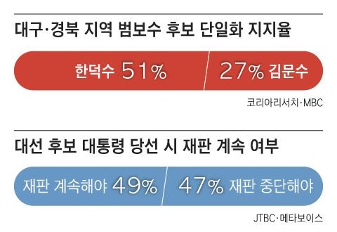 ‘국힘 텃밭’ TK서 단일후보 적합도 韓 51%, 金 27%