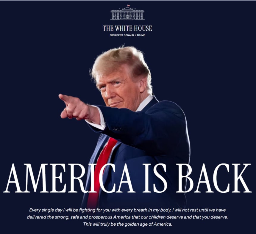 2025년 1월 20일 정오부터 새롭게 바뀐 백악관 홈페이지 초기화면. '미국이  돌아왔다(America Is Back)'는 글자 아래 트럼프가 2024년 11월 6일 대선 승리 연설에서 밝힌 세 문장이 적혀 있다.