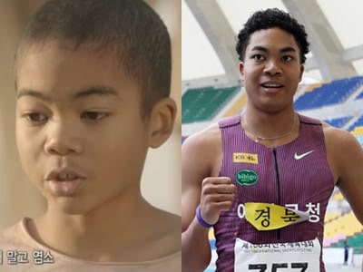 드라마 ‘태양의 후예’에 아역배우로 출연한 나마디 조엘진 (왼쪽) / 제106회 전국체육대회 육상 남자 일반부 200m 결승에서 1위로 결승선을 통과한 후 기뻐하는 모습 (오른쪽)