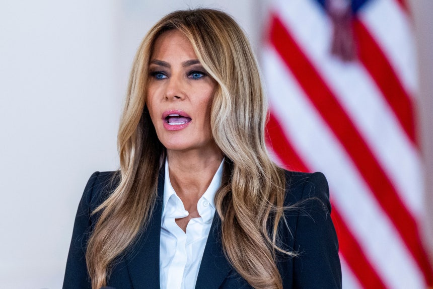 epa12445074 US First Lady Melania Trump delivers a statement on Ukrainian children returned to their