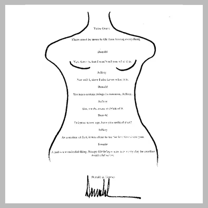 지난 9월 미국 민주당은 도널드 트럼프 대통령이 과거 제프리 엡스타인에게 보낸 것으로 알려진 편지를 공개했다. 민주당은 편지 내용이 여성의 나체 윤곽을 배경으로 인쇄됐고 트럼프가 의도적으로 여성 하반신 비키니 라인