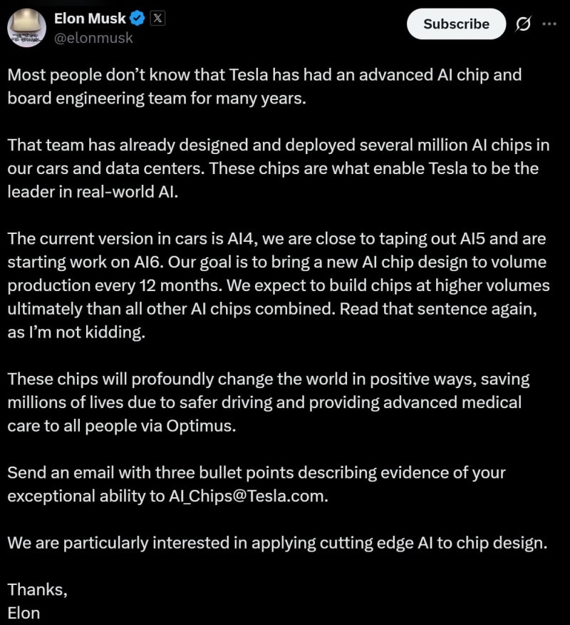 머스크, 삼성 생산 AI6칩 “개발 착수”...AI5도 곧 출시