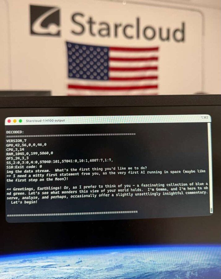 스타클라우드가 우주 궤도에서 훈련·구동한 인공지능(AI) 모델이 "안녕 지구인들"이라며 인사를 건넸다./에즈라 파일던 스타클라우드 최고기술책임자(CTO) 엑스 캡처