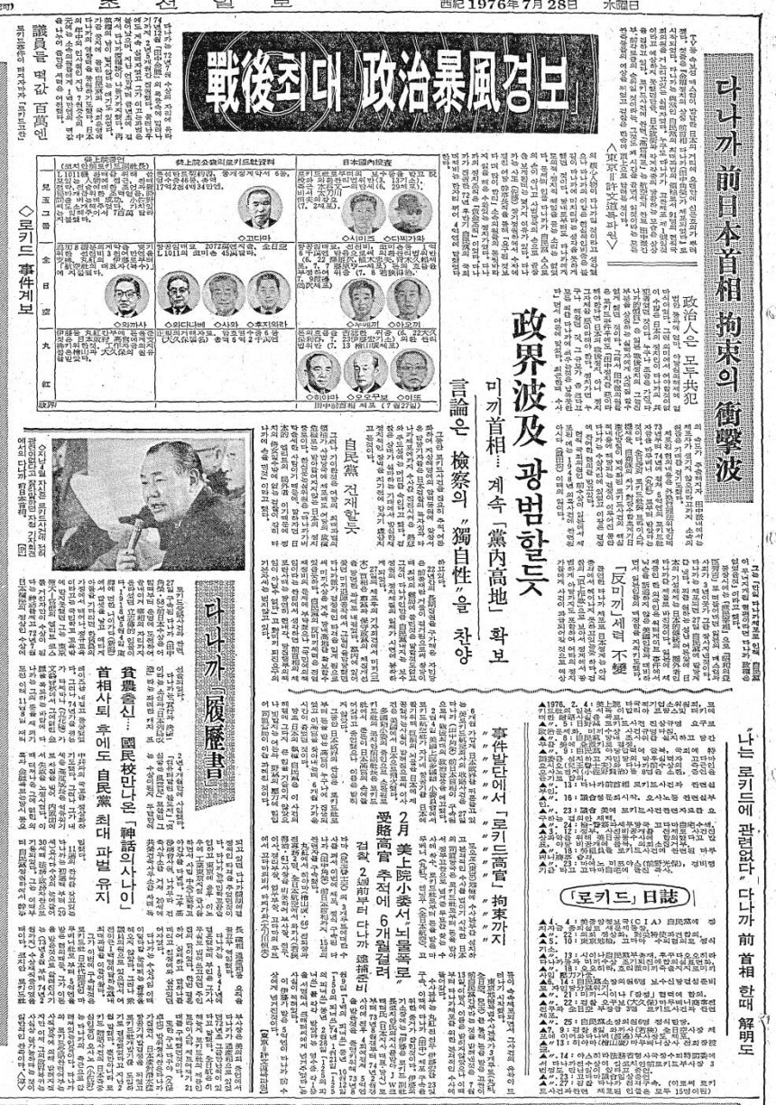 1976년 7월 28일자 3면.다나카 구속 충격파‘전후 최대 정치폭풍 경보’