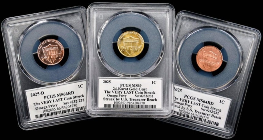 지난 12일 경매에서 낙찰된 미국 마지막 1센트 동전 세트./스택스 보워스 갤러리