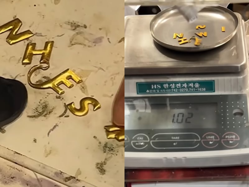 과거 한정 판매됐던 LG전자 휘센 에어컨 로고가 순금으로 분석됐다./유튜브 '링링언니'