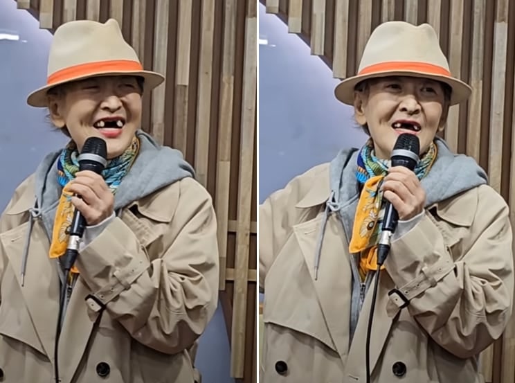 윤석화가 투병 중 앞니라 빠진 채로 간증을 하고 있다./유튜브 채널‘에덴교회 0691TV’