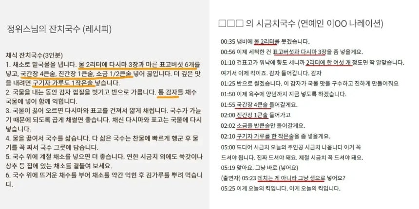지난 4월 유튜브에 올라온 정위스님의 잔치국수 레시피(왼쪽)와 지난 7일 한 방송에서 소개된 시금치 국수 레시피./유튜브 채널 '정위스님의 채소한끼'