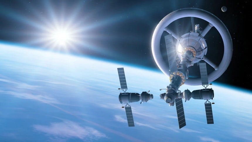 인공 중력을 만들어내는 우주선을 상상해서 그려낸 그림. 인공중력 우주선은 이처럼 거대한 바퀴를 돌리면서 중력과 비슷한 힘을 만들어낸다. 인공중력 우주정거장이 만들어진다면 역시 이와 유사한 형태로 지어질 것으로 전망된