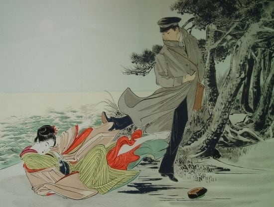 일본 소설 '금색야차'의 삽화.다리를 붙잡는 여주인공 미야를 남주인공 간이치가 걷어 차는 장면.