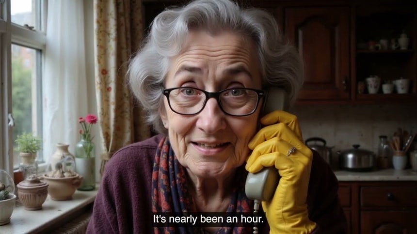 AI 데이지 할머니가 전화를 하는 가상의 모습."이미 (전화를 한 지) 한 시간이 되간다"고 말하고 있다./O2 유튜브 캡처