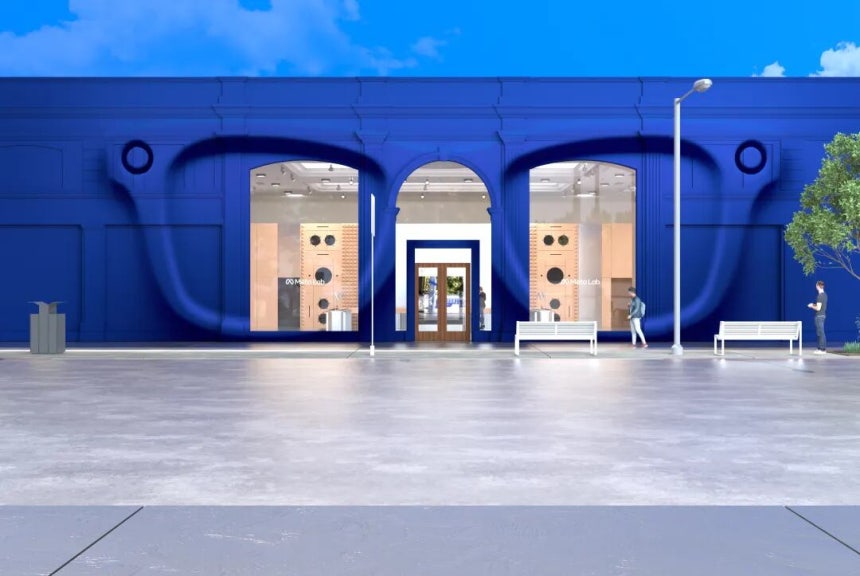 미 로스앤젤레스에 위치한 메타 오프라인 매장의 외관 모습.메타를 상징하는 파란색 벽에 안경이 그려져있다./메타