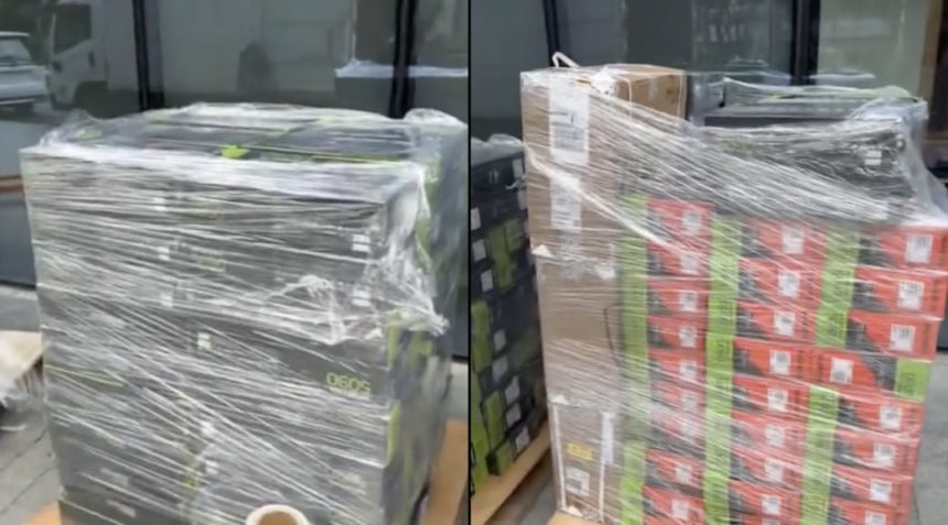 중국에 수출 금지된 엔비디아 GPU 제품이 중국 시장에 무더기로 쌓여 있는 모습./레딧 캡처