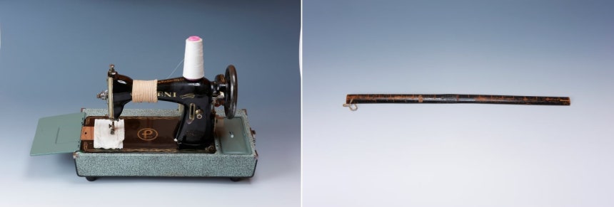 묘엄 스님이 사용하던 재봉틀(왼쪽)과 대나무 자./조계종출판사