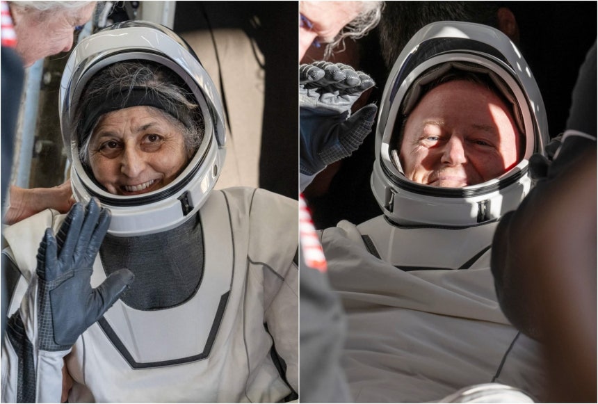 지난해 3월 우주에서 무사 귀환한 수니 윌리엄스(왼쪽)와 동료 우주비행사 부치 윌모어.플로리다 앞바다에 착륙해 우주캡슐에서 나오고 있다./NASA