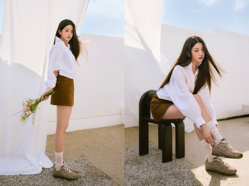 장원영이 뉴발란스의 로우 파일 스니커즈 '204L' 모델을 신고 포즈를 취하고 있다./장원영 인스타그램