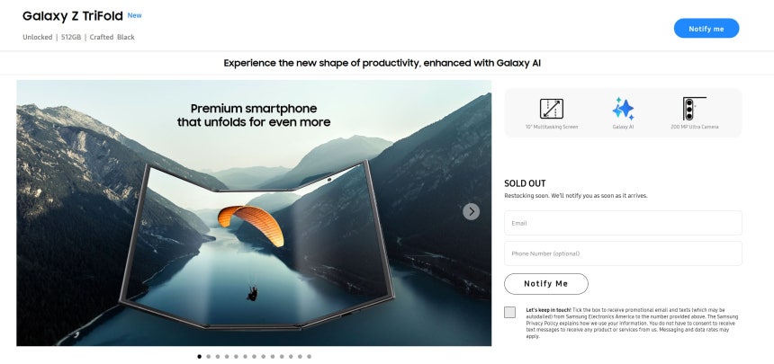 삼성전자의 갤럭시 Z 트라이폴드가 미국 삼성 사이트에서 매진된 모습. /삼성전자 캡처