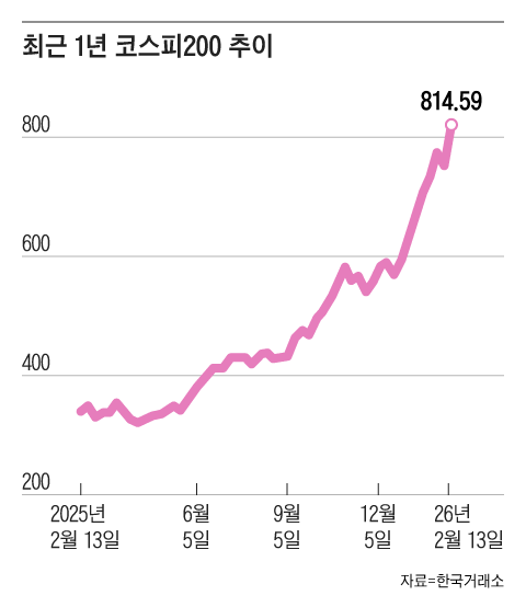 작년에 코스피200 지수가 95% 상승하면서 코스피 상승률(80%)을 웃돌았다./그래픽=조선디자인랩