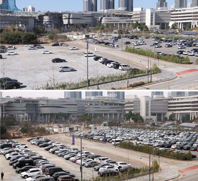 공공기관 차량 2부제 첫날… 텅빈 주차장