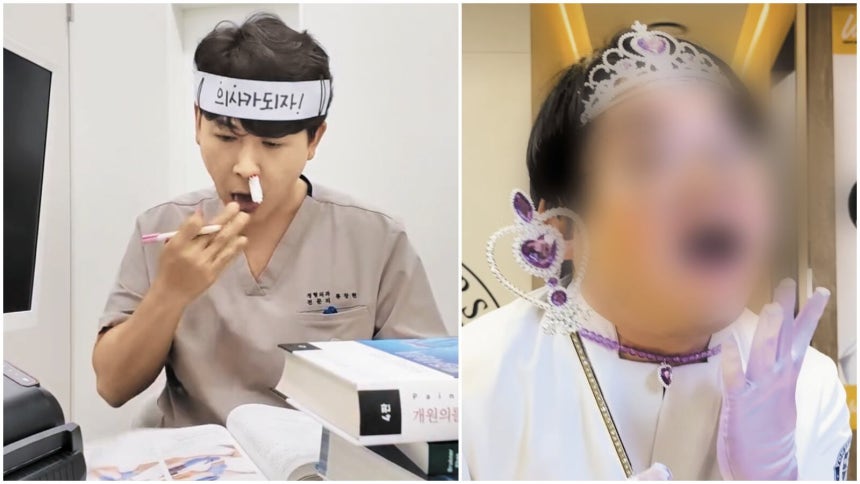 의사 되면 여자들이 줄을 선다’는 말에 코피 흘리며 공부하는 수험생 모습을 연기한 류창현 365더잘봄 정형외과 원장의 숏폼(왼쪽).오른쪽은 한 피부과 원장이 공주 분장을 한 숏폼이다.최근 개원가에선 웃기는 숏폼이