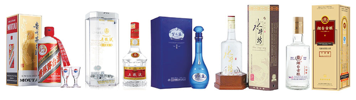  국내서 인기인 바이주 라인.왼쪽부터 마오타이주,우량예,몽지람,수정방,연태고량주.