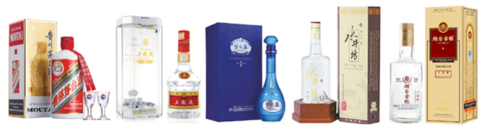  국내서 인기인 바이주 라인.왼쪽부터 마오타이주,우량예,몽지람,수정방,연태고량주.