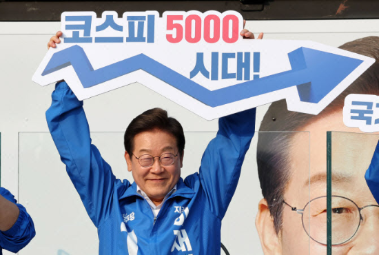  이재명 대통령이 대선 후보 시기 서울고속버스터미널광장에서 열린 유세에서‘코스피 5000 시대’팻말을 들고 있다.(사진=뉴시스)