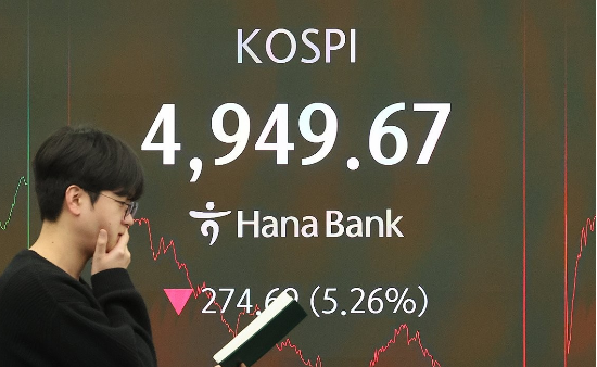  코스피가 미국 증시 약세 여파로 인해 5000선 아래로 떨어진 2일 서울 중구 하나은행 딜링룸 현황판에 코스피 종가가 표시돼있다. (사진=연합뉴스)