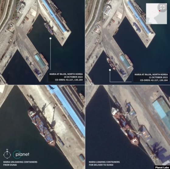 RUSI 보고서에 실린 지난해 10월 10일과 11일 플래닛 랩스의 고화질 위성사진. 북한 전용 부두(아래)와 중국 전용 부두에서 선적 작업에 한창인 러시아 선적 화물선 마리아호 움직임을 볼 수 있다. 사진 VOA,