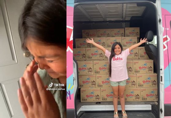 ‘불닭 팬’ 미국 소녀 아달린 소피아가 지난 12일 텍사스 샌안토니오에서 까르보불닭볶음면 선물을 받았다. 사진 틱톡 캡처