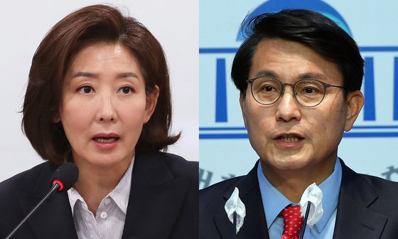 나경원 국민의힘 당선인(왼쪽)과 윤상현 국민의힘 의원. 연합뉴스
