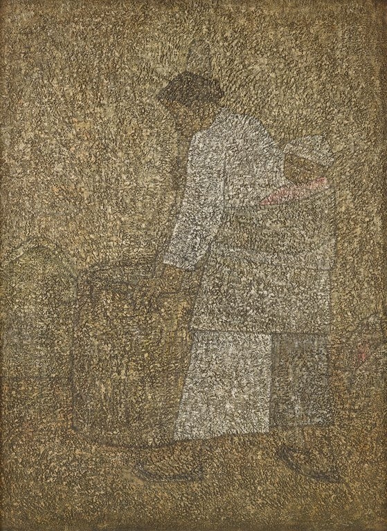 박수근, 절구질하는 여인, 1957, 캔버스에 유채, 130x97㎝. 사진 국립현대미술관 이건희컬렉션