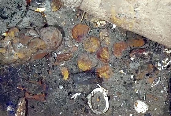 콜롬비아 앞바다에서 발견된 스페인 보물선 산호세 호 주변에 널린 금화들. AFP=연합뉴스
