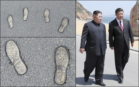 김정은 북한 국무위원장과 시진핑 중국 국가주석이 2018년 5월 다롄 외곽 휴양지 방추이다오 해변에서 담소를 나누는 모습(오른쪽). 왼쪽은 방추다이오 해변에 설치됐던 양정상의 발자국 동판과 김정은 발자국 동판을 확대