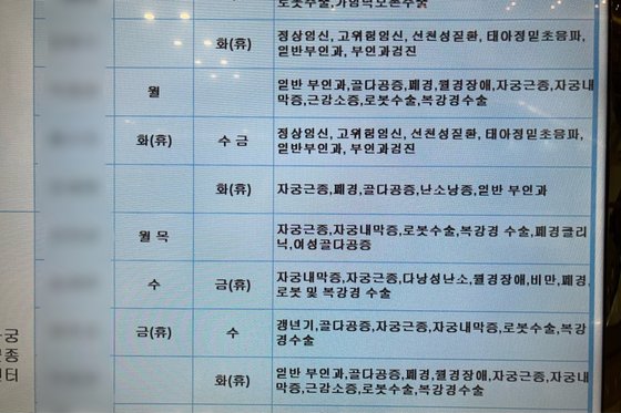18일 서울성모병원 부인암센터·산부인과·자궁근종센터 앞 스크린에 교수 4명이 이날 휴진 표시가 돼있다. 장서윤 기자