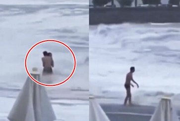 러시아에서 한 커플이 바닷가에서 애정행각을 하던 중 거친 파도에 휩쓸려 여성이 바닷속으로 사라지는 사고가 발생했다. x 캡처
