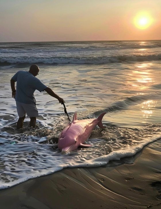 지난 19일 한 페이스북 페이지에는 핑크 돌고래가 노스캐롤라이나 해변에서 발견됐다는 내용이 게시물이 올라왔다. 이 사진은 인공지능(AI) 기술로 생성된 가짜인 것으로 드러났다. 사진 페이스북 캡처