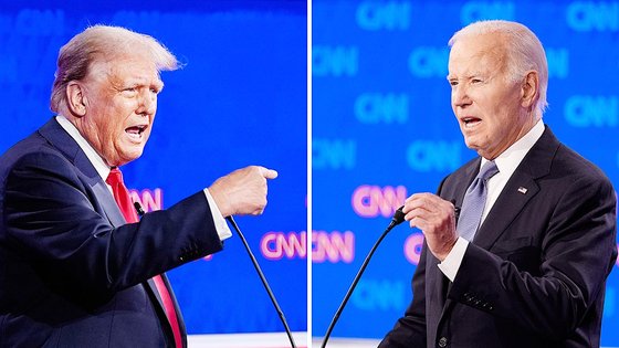 27일(현지시간) 미국 애틀랜타에서 CNN이 주최한 대선 후보 첫 TV 토론에서 조 바이든(오른쪽) 대통령과 도널드 트럼프 전 대통령이 설전을 벌이고 있다. AP=연합뉴스