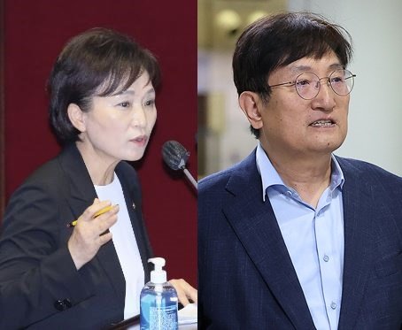김현미 전 국토교통부 장관(왼쪽), 노영민 전 청와대 비서실장. 연합뉴스, 뉴스1