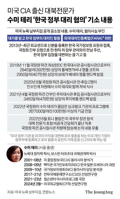 미국 CIA 출신 대북전문가 수미 테리 ‘한국 정부 대리 혐의’ 기소 내용 그래픽 이미지. [자료제공=미국 뉴욕 남부지검·연합뉴스]