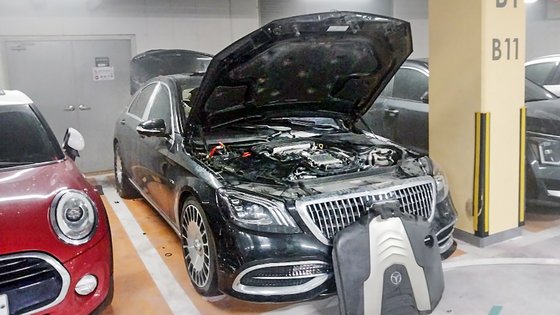 Benz vehicle on fire. Photo by Incheon Fire Headquarters