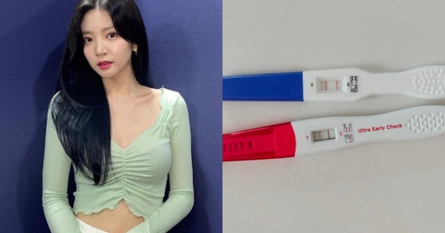라붐 해인(왼쪽)과 그가 둘째 임신 사실을 공개하며 올린 임신테스트기 사진. 사진 해인 인스타그램