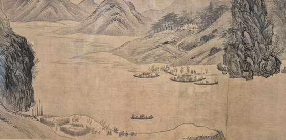 '웅연계람' 중간 부분, 뱃놀이 하는 사람들, 횃불 들고 마중 나온 사람들의 모습을 자세히 묘사한 겸재 소장본. 홍경보 소장본과 차이가 있다. 권근영 기자