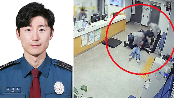 성남위례파출소에서 배연운(왼쪽) 경장이 심폐소생술을 하고 있다. 연합뉴스