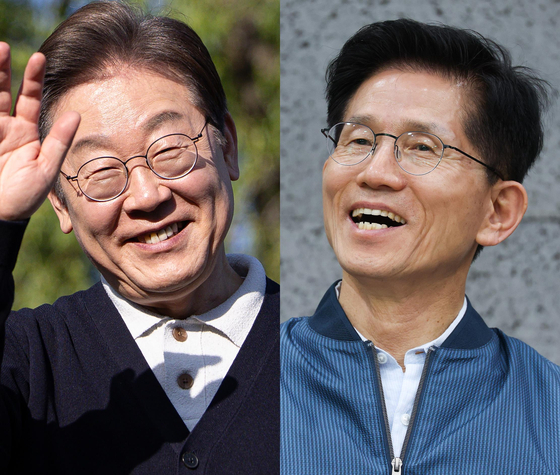 이재명 더불어민주당 대통령 후보가 4일 오후 충북 제춘구 의림지에서 연설을 하기 위해 단상을 오르고 있다(왼쪽). 오른쪽은 4일 오후 경기 포천시 한센인 정착마을인 장자마을 행복나눔터를 방문한 김문수 국민의힘 대선 