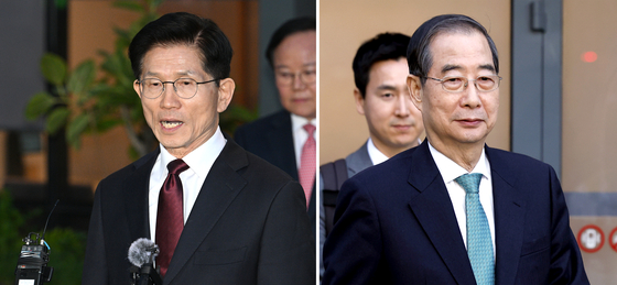 국민의힘 김문수 대선 후보가 7일 서울 종로구의 한 식당에서 무소속 한덕수 대선 예비후보와 후보 단일화 관련 회동을 마친 뒤 브리핑을 하고 있다. (왼쪽사진) 무소속 한덕수 대선 예비후보가 7일 서울 종로구의 한 식