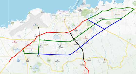제주 BRT 사업 단계별 노선도.1단계(적색),2단계(녹색),3단계(청색)이다.