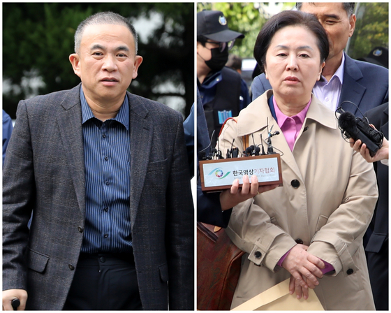 윤석열 대통령 부부 공천 개입 의혹의 핵심 인물인 명태균(왼쪽) 씨와 김영선 전 국민의힘 의원이 지난해 11월 14일 오후 공천을 대가로 정치자금을 주고받은 혐의(정치자금법 위반)로 경남 창원시 성산구 창원지방법원에