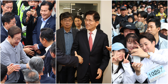 제21대 대통령선거 공식 선거운동 시작을 하루 앞둔 11일 남도문화벨트 골목골목 경청투어에 나선 더불어민주당 이재명 대선 후보(왼쪽부터), 국민의힘 당사로 들어서는 국민의힘 김문수 대선 후보, 다이아몬드브릿지 걷기축