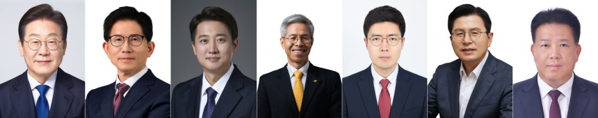 왼쪽부터 기호 1번 더불어민주당 이재명 후보, 기호 2번 국민의힘 김문수 후보, 기호 4번 개혁신당 이준석 후보, 기호 5번 민주노동당 권영국 후보, 기호 6번 자유통일당 구주와 후보, 기호 7번 무소속 황교안 후보